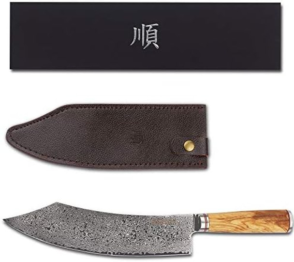 Yousunlong Butcher Knife 8 Inch Hybrid Cleaver Japanese Damascus Steel Italian Olive Wood Handle With Leather Sheath
