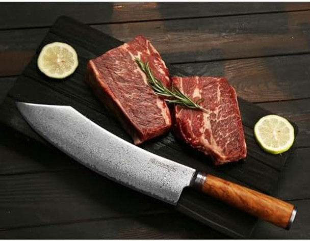 Yousunlong Butcher Knife 8 Inch Hybrid Cleaver Japanese Damascus Steel Italian Olive Wood Handle With Leather Sheath