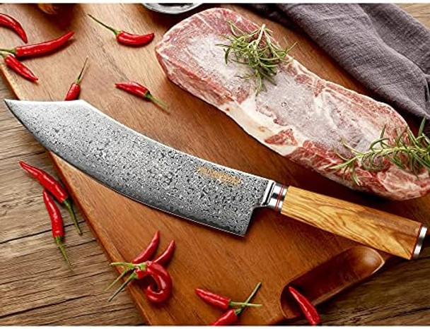 Yousunlong Butcher Knife 8 Inch Hybrid Cleaver Japanese Damascus Steel Italian Olive Wood Handle With Leather Sheath