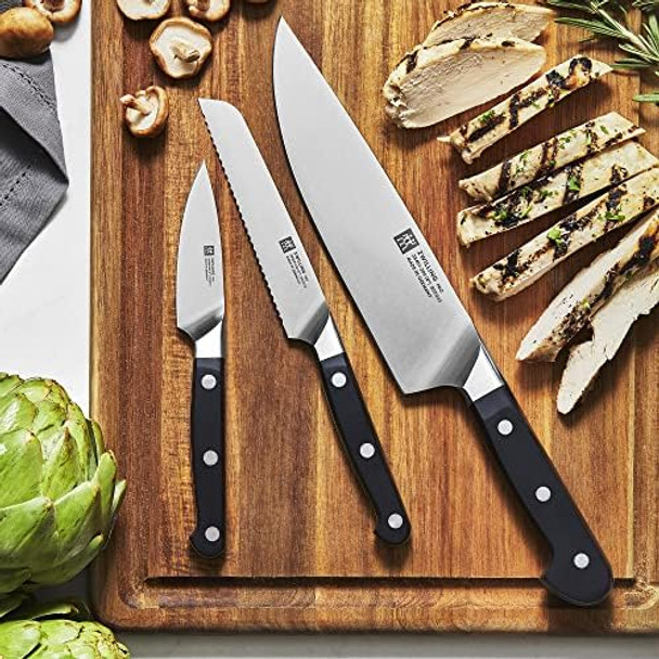 Zwilling Pro 3-Pc Starter Knife Set 3-Inch Paring 5-Inch Serrated Utility 8-Inch Chef’S Knife Full Tang And Handle Are Triple Riveted Made In Germany