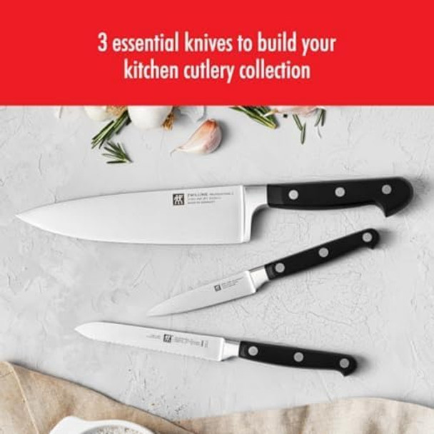 Zwilling Pro 3-Pc Starter Knife Set 3-Inch Paring 5-Inch Serrated Utility 8-Inch Chef’S Knife Full Tang And Handle Are Triple Riveted Made In Germany