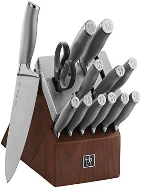 Henckels Modernist 14-Pc Self-Sharpening Knife Set With Block Chef Knife Paring Knife Bread Knife Steak Knife Dark Brown Stainless Steel Walnut
