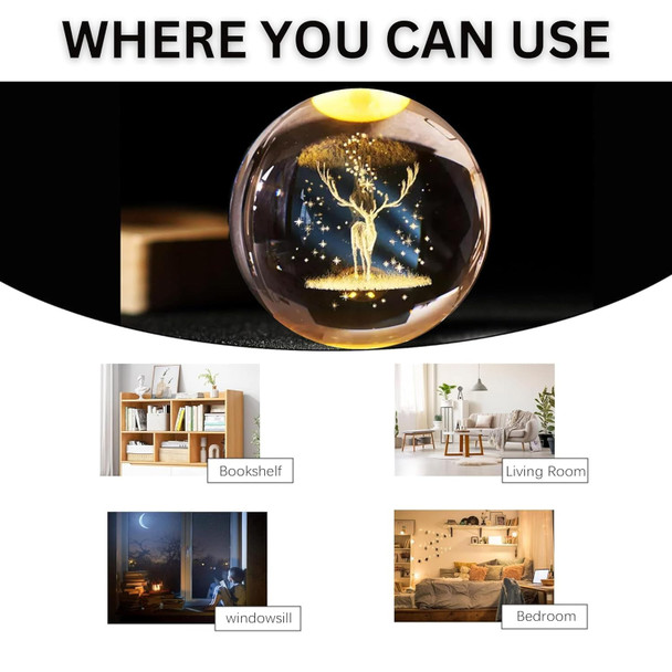 C&M 3D Deer Crystal Ball Night Light,Deer Figurine LampDecorative Glass Sphere Ball Paperweight Crystal Sea Animal Decorations for Home (Deer)