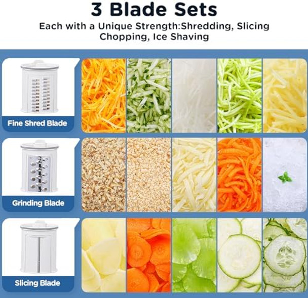 Electric Cheese Grater Aobosi Electric Shredder Slicer Salad Grater Maker w/Large Chute for Whole Carrot Vegetable Potato 3 Blades & Quiet Motor Food Container Built-in Storage