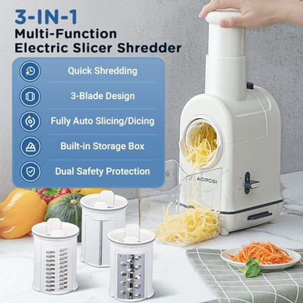 Electric Cheese Grater Aobosi Electric Shredder Slicer Salad Grater Maker w/Large Chute for Whole Carrot Vegetable Potato 3 Blades & Quiet Motor Food Container Built-in Storage