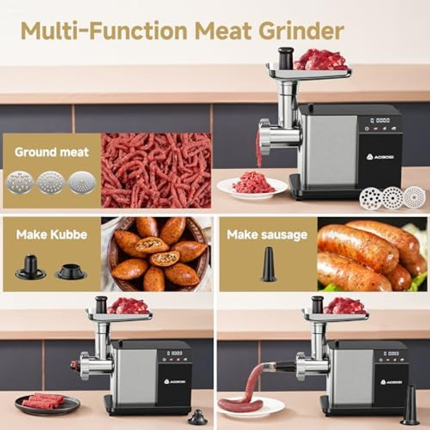 AAOBOSI Meat Grinder Electric 3000W Max with Touch Color Screen Auto-Reverse & Built-in Storage - 3 Speed Settings Grinding Sausage & Kibbe Making for Home Use Stainless Steel