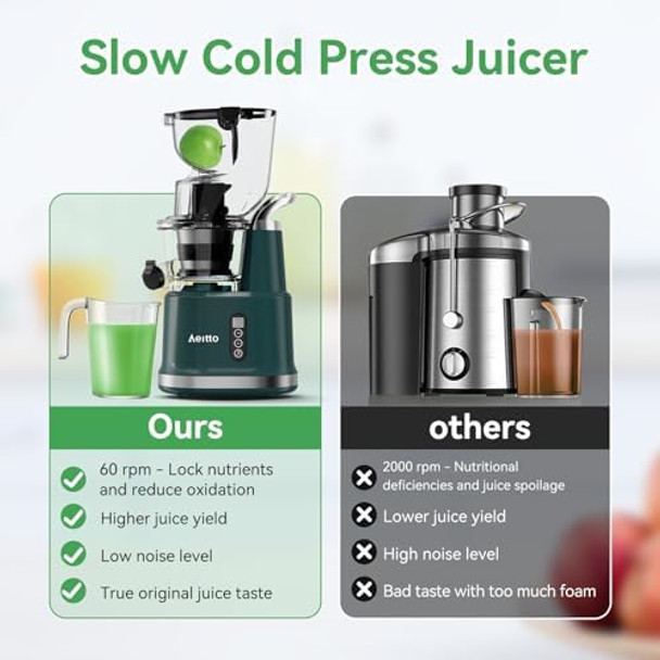 Cold Press Juicer Aeitto Slow Masticating Juicer with Wide & Dual Feed Chute for Vegetables and Fruits High Juice Yield Self Feeding for Juice Extractor Dark Green