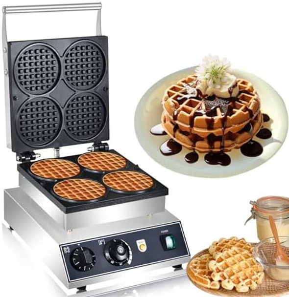 Commercial Round Waffle Maker 4pcs Nonstick Electric Waffle Maker Machine Stainless Steel Nonstick Double Side Belgian Waffle Maker for Bakery Restaurant Snack Bar Home
