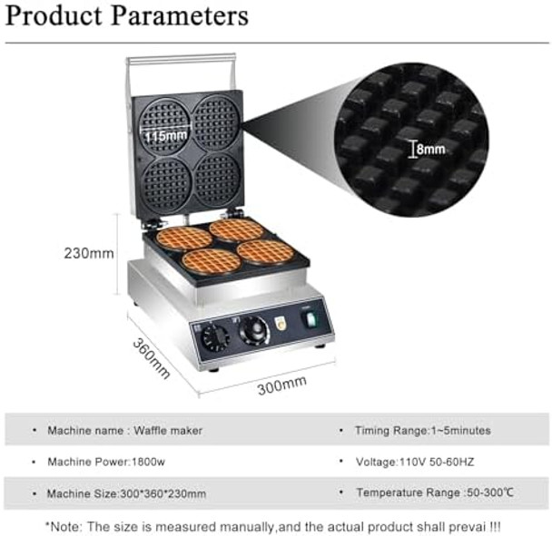 Commercial Round Waffle Maker 4pcs Nonstick Electric Waffle Maker Machine Stainless Steel Nonstick Double Side Belgian Waffle Maker for Bakery Restaurant Snack Bar Home