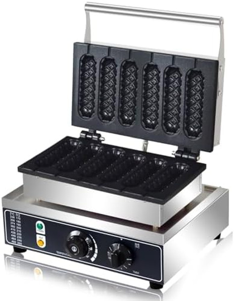 Commercial Corn Dog Waffle Maker 1600W Lolly stick waffle Maker 6 Slice Non-Stick Stainless Steel Corn Hot Dog Waffle Iron with Temp and Time Control for Restaurant Bakery Snack Bar Family