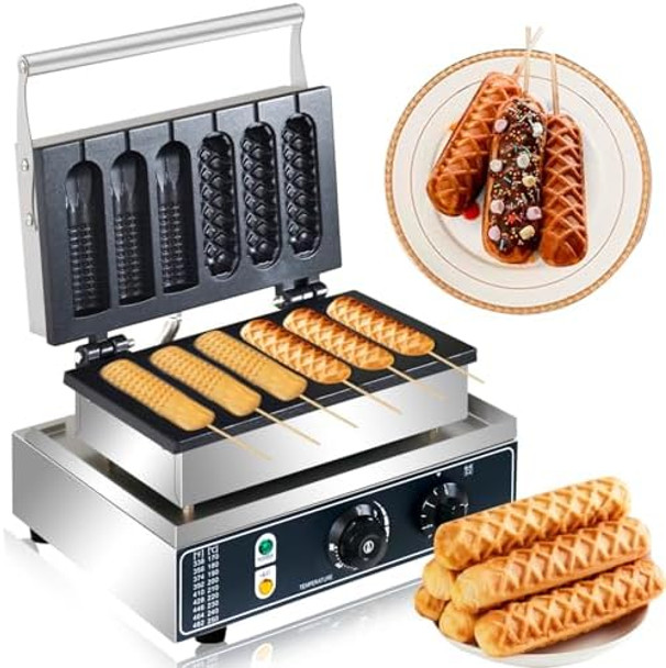 Commercial Waffle Stick Maker 6PCS 1600W Waffle Baker Machine Non-Stick Stainless Steel Corn Hot Dog Waffle Iron with Temp and Time Control Perfect for Restaurant Bakery Snack Bar Family