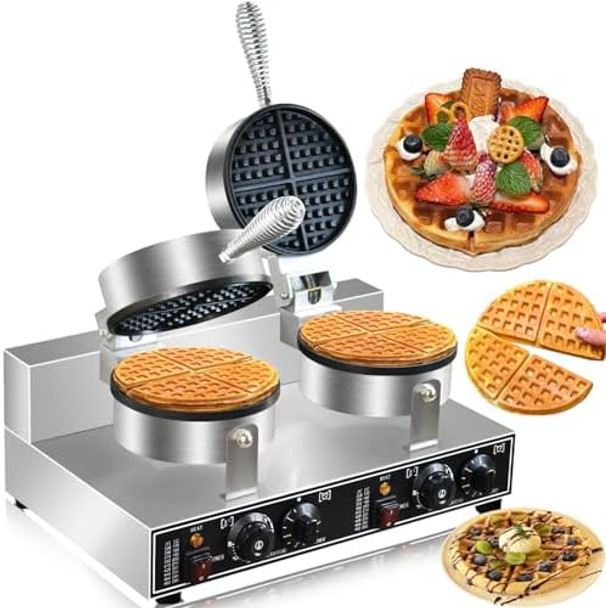 110V 2600W Commercial Double Waffle Maker Non-Stick Commercial Waffle Baker Stainless Steel Belgian Waffle Iron for Restaurant Party Food Stall Bakery Snack Bar Family