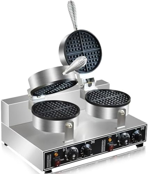110V 2600W Commercial Double Waffle Maker Non-Stick Commercial Waffle Baker Stainless Steel Belgian Waffle Iron for Restaurant Party Food Stall Bakery Snack Bar Family