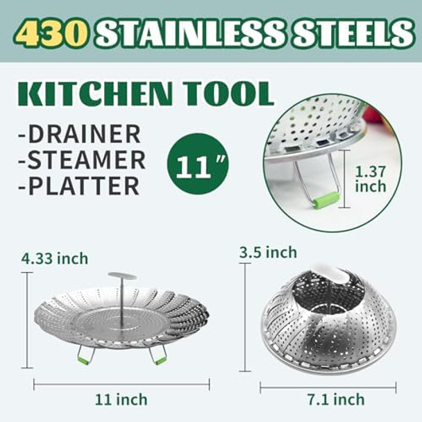 Vegetable Steamer Basket Premium Stainless Steel Steamer Basket Folding Expandable Steaming Vegetable/Fish/Seafood Steaming Pot Insert Fits Various Size Pot (Silver11)