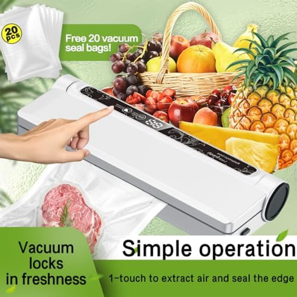 Portable Vacuum Sealer Machine for Food Storage 75KPA Strong Suction Dry/Wet Modes with One-Touch Seal Includes 20 Bags & Digital Timer Compact for Home Kitchen Camping Travel