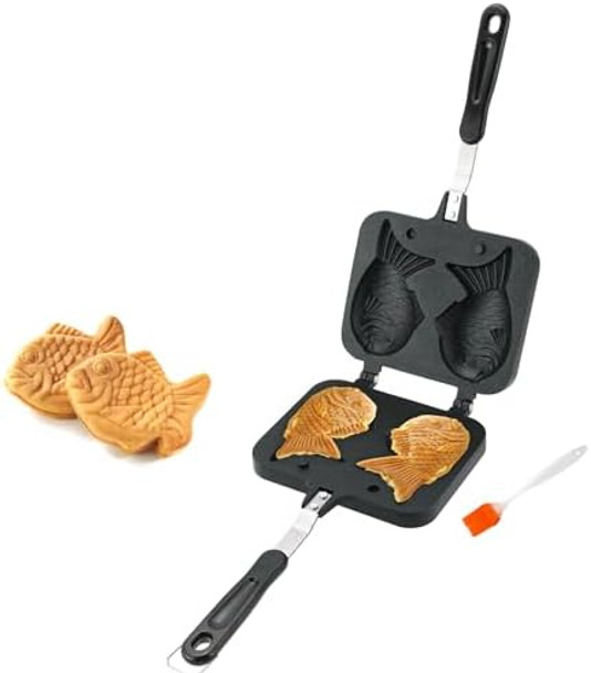 Taiyaki Fish Shape Cake Pan Waffle Cake Maker Fish-Shaped Pancake Double Pan Mold for Home Cooking with Silicone Oil Brush