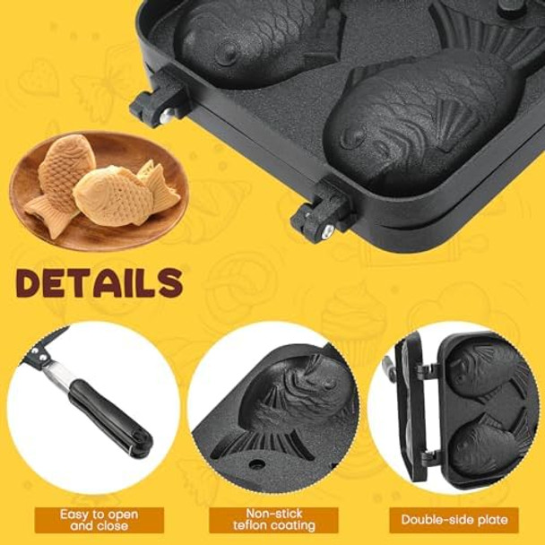 Taiyaki Fish Shape Cake Pan Waffle Cake Maker Fish-Shaped Pancake Double Pan Mold for Home Cooking with Silicone Oil Brush