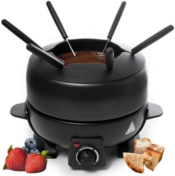 Electric Fondue Pot Set - 2-Liters Black Electric Pot with 6 Stainless Steel Fork - Temperature Control Ideal for Cheese Caramel Chocolate - Non-stick and Dishwasher Safe Fondue Pot Set by Stilaris