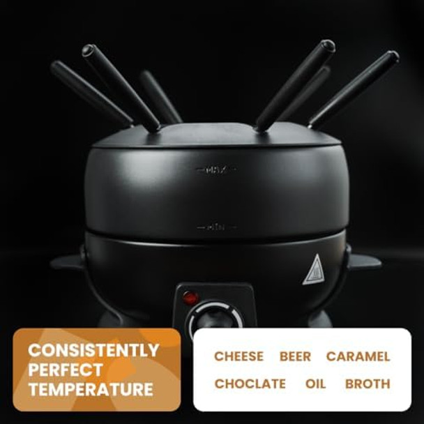 Electric Fondue Pot Set - 2-Liters Black Electric Pot with 6 Stainless Steel Fork - Temperature Control Ideal for Cheese Caramel Chocolate - Non-stick and Dishwasher Safe Fondue Pot Set by Stilaris