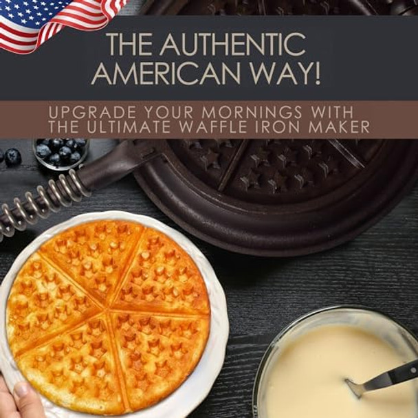 Great American Waffle Iron Pre-Seasoned PFOA/PTFE Made In USA Vintage Inspired 7 inch Stovetop Waffle Iron With Patriotic Design Perfect holiday