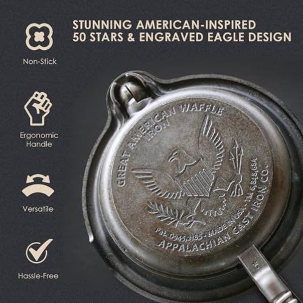 Great American Waffle Iron Pre-Seasoned PFOA/PTFE Made In USA Vintage Inspired 7 inch Stovetop Waffle Iron With Patriotic Design Perfect holiday