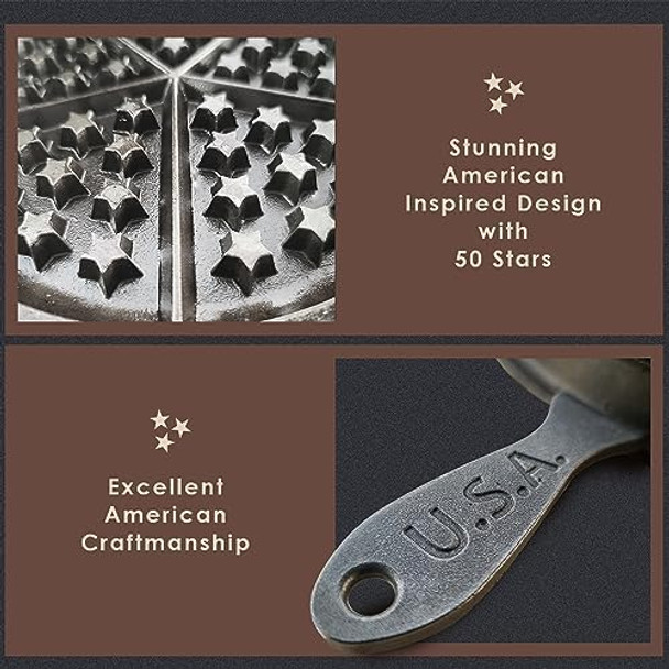 Great American Waffle Iron Pre-Seasoned PFOA/PTFE Made In USA Vintage Inspired 7 inch Stovetop Waffle Iron With Patriotic Design Perfect holiday