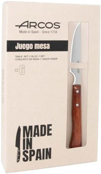 Arcos Steak Knife Set of 6. Non Serrated Steak Knives. 4 Inch Pack for Cutting and Fillet Meat. Stainless Steel Blade and Compressed-Wood Handle. Brown Color. Series Forest