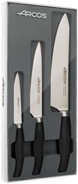 Arcos Forged Kitchen Knife Set 3 Pieces (Paring Knife + Kitchen Knife + Chef's Knife). Stainless Steel Forged Nitrum. Polypropylene POM Handle. Series Clara. Black Color