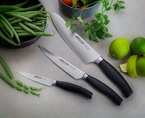 Arcos Forged Kitchen Knife Set 3 Pieces (Paring Knife + Kitchen Knife + Chef'S Knife). Stainless Steel Forged Nitrum. Polypropylene Pom Handle. Series Clara. Black Color Arcos Forged Kitchen Knife Set 3 Pieces (Paring Knife + Kitchen Knife + Chef'S Knife). Stainless Steel Forged Nitrum. Polypropylene Pom Handle. Series Clara. Black Color
