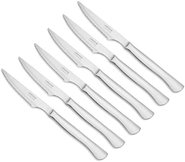 Arcos Steak Knives Set of 6 - Premium Serrated Meat Knife Set with 4 Inch Nitrum Stainless Steel Monoblock Blade and Handle. Ideal for Precision Cutting. Mesa Series