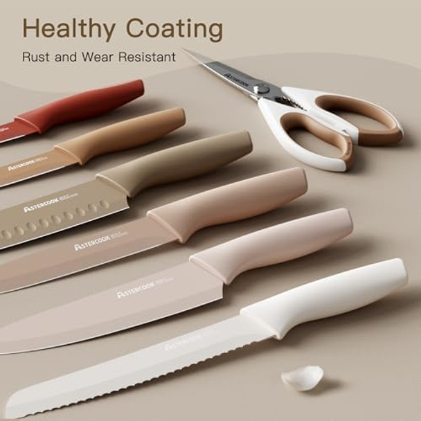 Astercook Knife Set 13 Pieces Kitchen Knives Set with Healthy Anti-Rust Coating Dishwasher Safe Stainless Steel Chef Knife Sets with 6 Blade Guards Perfect Holiday s for Kitchen