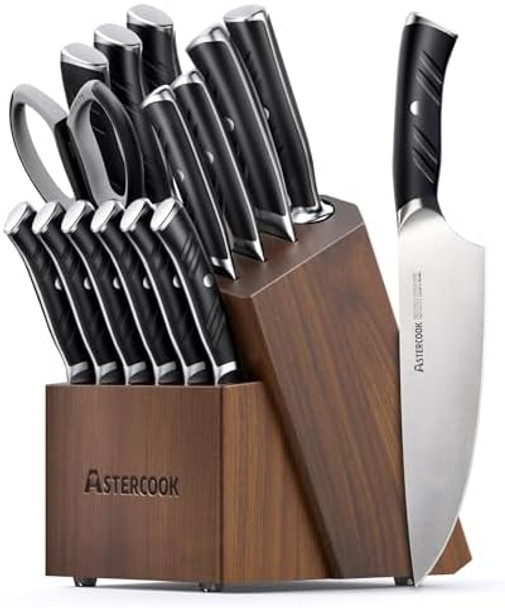 Astercook Kitchen Knife Set 15 Piece Knife Block Sets with German 1.4116 Steel Sharper and Rust Proof Full Tang Knives Set with Ergonomic Nylon Handle Dishwasher Safe Black
