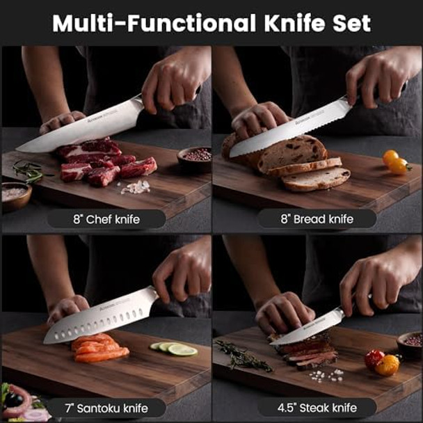 Astercook Kitchen Knife Set 15 Piece Knife Block Sets with German 1.4116 Steel Sharper and Rust Proof Full Tang Knives Set with Ergonomic Nylon Handle Dishwasher Safe Black