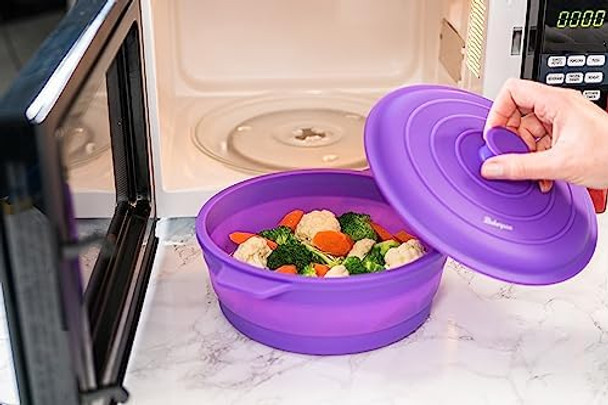 Bakerpan Silicone Microwave Steamer for Vegetables Air Fryer Pot with Lid Collapsible Silicone Steamer for Cooking 64 Fl oz Capacity