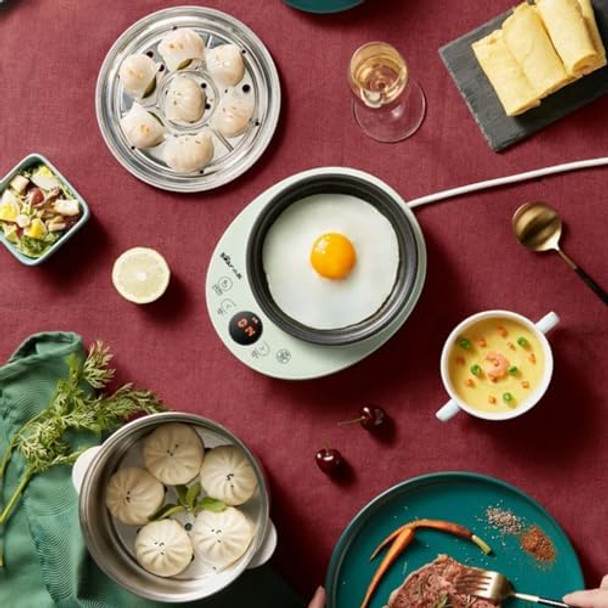 Bar Electric Small Food Steamer 2 Tier Egg Cooker with Steaming & Frying Stainless Steel Vegetable Steamer for Cooking Anti-dry Burn Protection 9.5h Preset 360W ZDQ-B14Y5