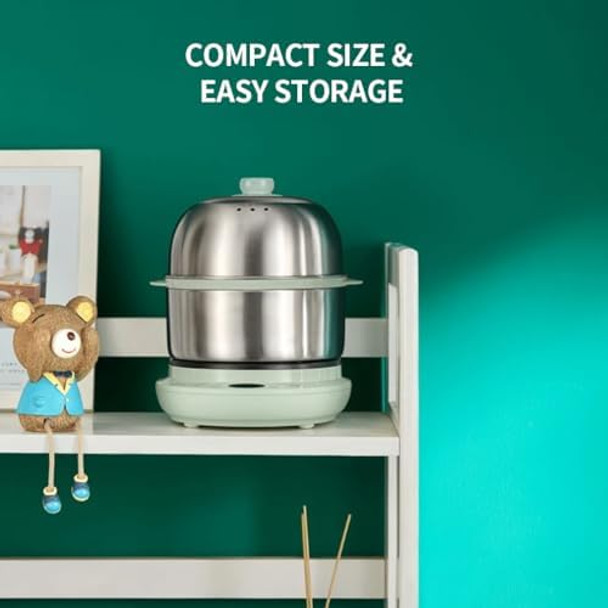 Bar Electric Small Food Steamer 2 Tier Egg Cooker with Steaming & Frying Stainless Steel Vegetable Steamer for Cooking Anti-dry Burn Protection 9.5h Preset 360W ZDQ-B14Y5