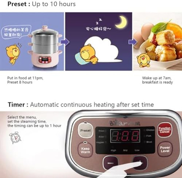 Bear Electric Food Steamer Stainless Steel Digital Steamer 3 tier 8L Large Capacity Vegetable Steamer Auto Shut-off & Anti-dry Protection DZG-A80A2 1200W