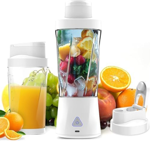 Portable Blender 360 Watt Personal Blender for Shakes and Smoothies 6000mAh USB Rechargeable BPA 24 Oz Juicer Cup with 6 Blades and Lid Self Cleaning Portable Juicer for Kitchen/Travel White