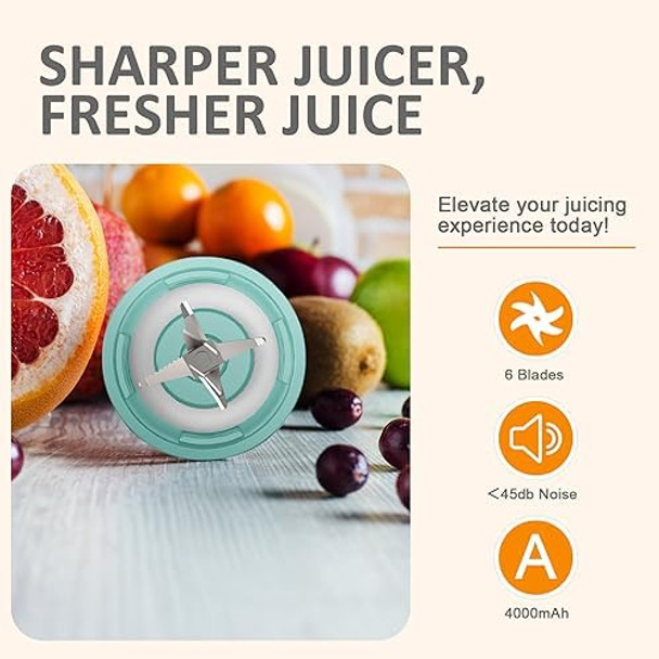 Portable Blender Personal Blender for Shakes and Smoothies 4000mAh USB Rechargeable BPA 15.2 Oz 450ML Juicer Cup with 6 Blades and Lid Portable Juicer for Kitchen/Gym/Outdoor(Blue)