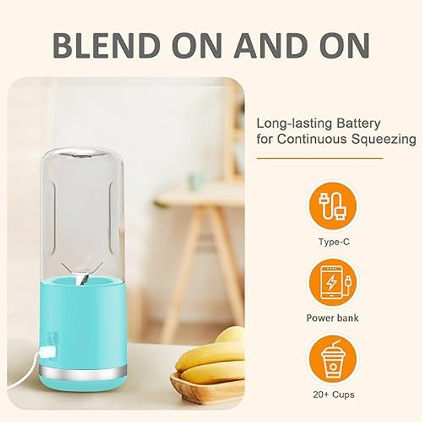 Portable Blender Personal Blender for Shakes and Smoothies 4000mAh USB Rechargeable BPA 15.2 Oz 450ML Juicer Cup with 6 Blades and Lid Portable Juicer for Kitchen/Gym/Outdoor(Blue)