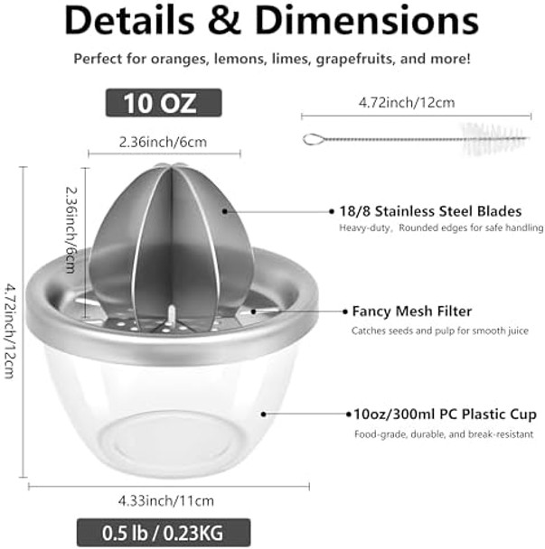 Stainless Steel Manual Citrus Juicer Lemon Orange Lime Juicer Extract More Juice & Pulp 10oz/300ml
