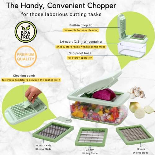 Brieftons QuickPush Food Chopper: Vegetable Dicer Slicer Onion Cutter 3 Extra-Large Blades with 200% More Cutting Area to Chop Dice Slice Vegetables 2.6-Quart Container