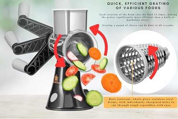 Brieftons 4-Blade Rotary Cheese Grater Kitchen Food Cutter with Handle Mandoline Vegetable Slicer Nut Grinder Hand Crank Shredder for Cheese Vegetables Fruits Nuts Easy to Use Clean & Store