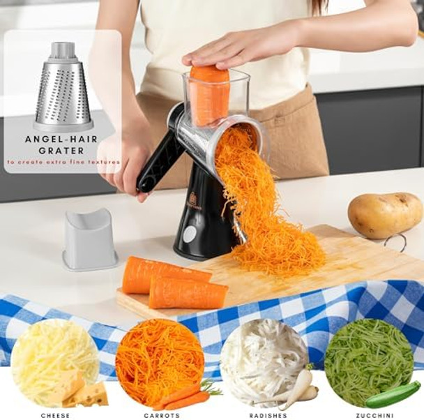 Brieftons 4-Blade Rotary Cheese Grater Kitchen Food Cutter with Handle Mandoline Vegetable Slicer Nut Grinder Hand Crank Shredder for Cheese Vegetables Fruits Nuts Easy to Use Clean & Store