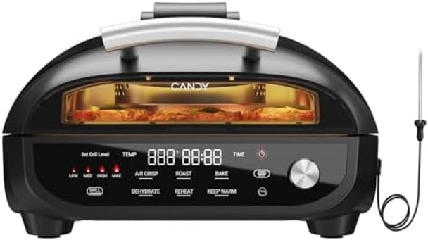 CANDY™ Indoor Grill and Air Fryer Combo with Ceramic Accessories 7-IN-1 Digital Display 360° Heating Electric 500°F Max Large Viewing Window Roast Bake & Dehydrate Adjustable Temps Easy Clean