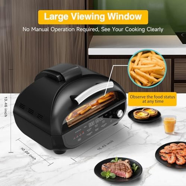 CANDY™ Indoor Grill and Air Fryer Combo with Ceramic Accessories 7-IN-1 Digital Display 360° Heating Electric 500°F Max Large Viewing Window Roast Bake & Dehydrate Adjustable Temps Easy Clean