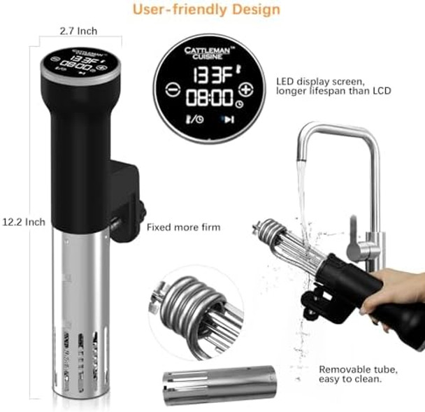 Sous Vide Machine Wi-Fi Cattleman Cuisine Sous Vide Cooker Immersion Circulator Suvee Cooker Kit with 30 Vacuum Bags Vacuum Pump Cookbook Accurate Temperature&Timer 1000W IPX7 Waterproof