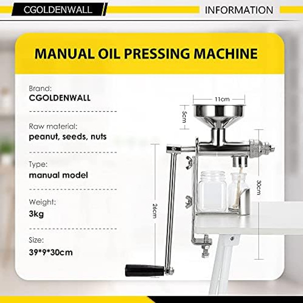CGOLDENWALL Manual Oil Press Machine Household Seed Oil Press Extractor Peanut Nuts Oil Expeller for Physical Press and Continuous Expelling
