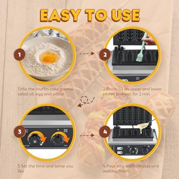 CGOLDENWALL Commercial/Home Corn Dog Waffle Maker Machine 1550W 6Pcs French Muffin Irons Non-stick Stainless Steel Waffle Stick Maker 50-300℃ Temp Control 110V