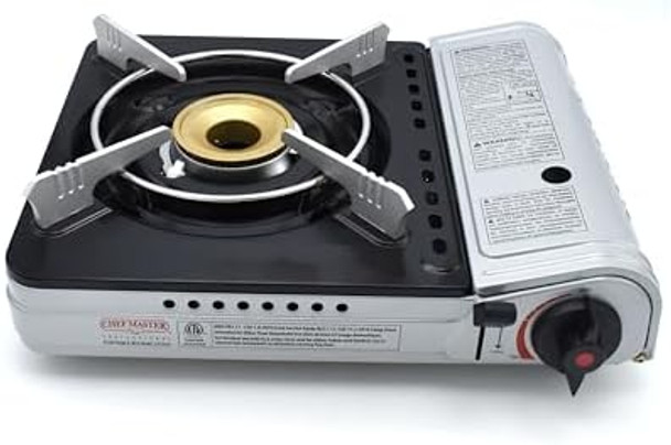 Chef Master 90235 Butane Countertop Stove 12 000 BTU Professional Quality Portable with Carry Case High Performance Electronic Ignition Brass Burner Double Wind Guard 1 Burner Chef Master 90235 Butane Countertop Stove 12 000 BTU Professional Quality Portable with Carry Case High Performance Electronic Ignition Brass Burner Double Wind Guard 1 Burner
